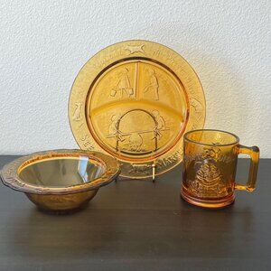 Tiara Amber Glass Child's Dish Set //  Nursery Rhyme Mother Goose // Cup, Bowl &